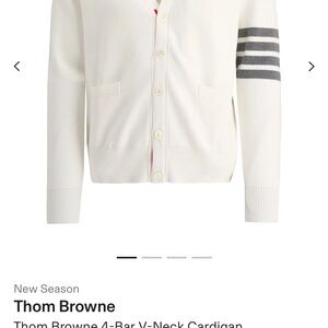 Thom Browne White V-Neck Cardigan with Gray Sleeve Stripes
